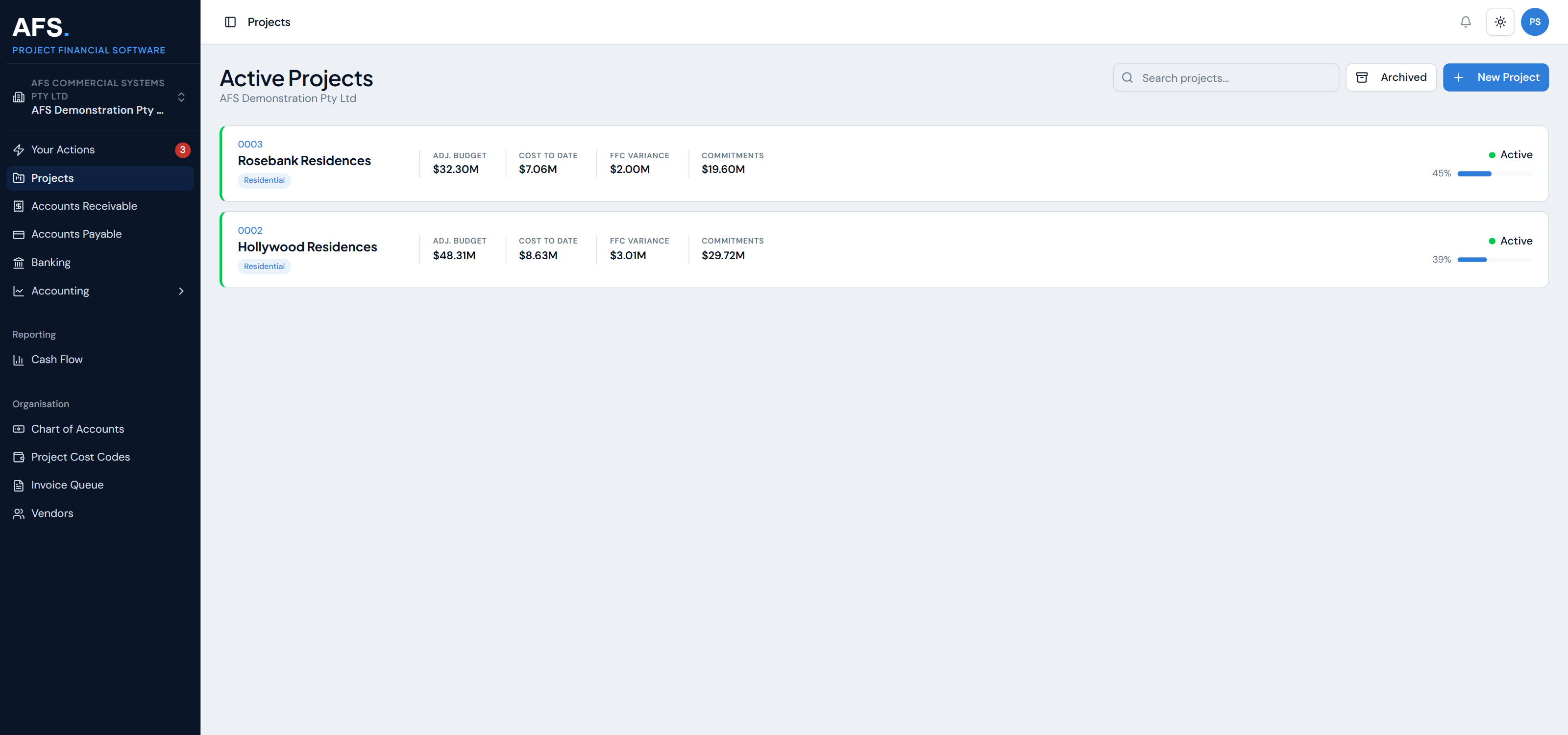 The AFS projects list, showing adjusted budget, cost to date, FFC variance and commitments for every active project.